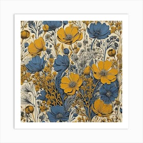 Linocut Flower Meadow Mustard Blue Art Print 1 Art Print