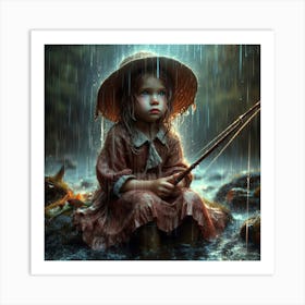 Little Girl Fishing In The Rain 2 Art Print