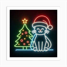Neon Cat With Christmas Tree 1 Art Print
