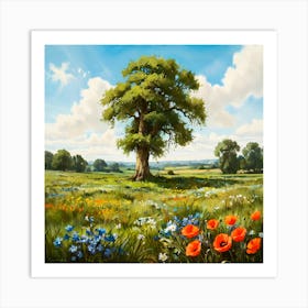 Mighty Oak In A Flower Meadow Art Print