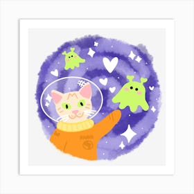 Cartoon cat with friendly aliens in the outer space Art Print