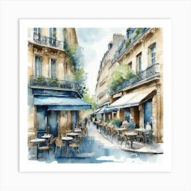 Paris Street Cafe Scene Illustration Sage Blue Watercolour 3 Art Print 2 Art Print