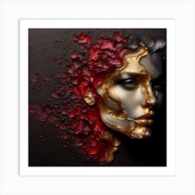 Abstract Face Portrait Of A Beautiful Woman - An Embossed Artwork In Blood Red, Golden, and Silver Grey On Charcoal Background. Art Print