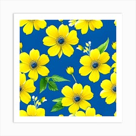 Yellow Flowers On Blue Background Art Print