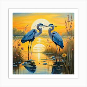 Blue Herons At Sunset Art Print