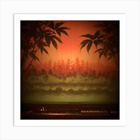 A Vintage Piano Sits In A Dimly Lit Room With A Backdrop Depicting A Silhouetted Forest And Sunset, Framed By Cannabis Leaves Art Print