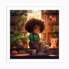 Little Boy Reading In The Library Art Print