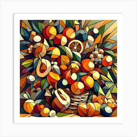 A Cubist Still Life Featuring Fruit On A Tree Art Print