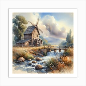 Windmill By The Stream Art Print