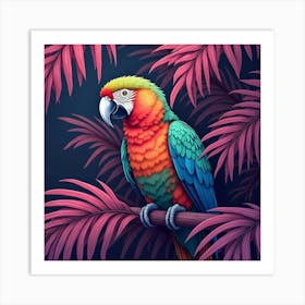 A Colorful Parrot With A Gradient Plumage Perched On A Neon Palm Tree Art Print