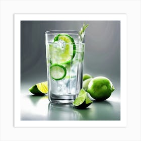 A tall glass of gin and tonic with a twist of lime 1 Art Print