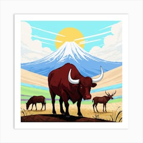 Bulls And Deer 1 Art Print