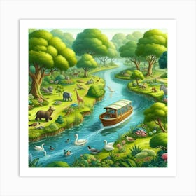 Illustration Of A River In The Forest Art Print