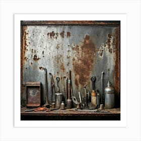 A Collection Of Vintage Industry Tools Scattered In The Foreground Features Highlighted By A Grungy Art Print