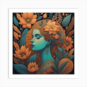 Portrait Of A Woman With Flowers ² Art Print