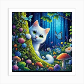 White Cat In The Forest Art Print