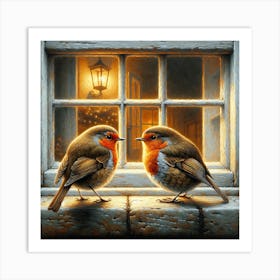 Two Robins On A Windowsill Art Print