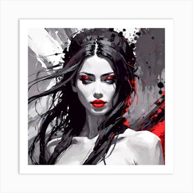 Selective Color Painting Of A Beautiful Woman Black, White and Red Art Print