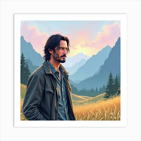 Watercolor Of Keanu Reeves In A Serene Mountain Valley With Pastel Skies 1 Art Print