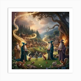 An Enchanting Fantasy Digital Painting Depicting An Elven Village With Woodland Creatures, Wizards, And Magic Visual Effects Portrayed In Jrr Tolkien Style 3 Art Print