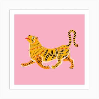Happy Tiger Pink Square Art Print