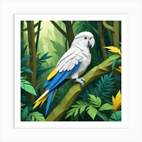 Paper Craft Parrot With Yellow And Blue Feathers In A Tropical Forest Setting Art Print