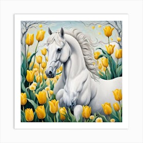 White Horse In Yellow Tulips Art Print