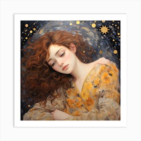 Style of Klimt. Portrait of the Girl and the Moon Art Print