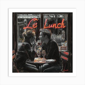 A Couple Sitting In Front Of A Restaurant In Paris France Drinking Red Wine With Black Background Art Print