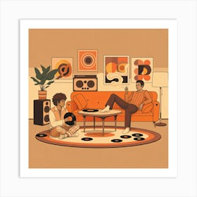 A Man And Woman Are Seated On An Orange Couch, Surrounded By A Nostalgic Vibe From A Record Player Playing Music Art Print