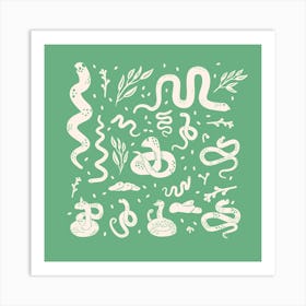 Green poster with various snakes Art Print