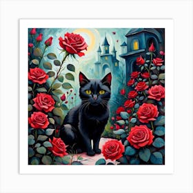 Black Cat With Roses 1 Art Print