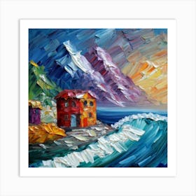 Acrylic and impasto pattern, mountain village, sea waves, log cabin, high definition, detailed geometric 16 Art Print