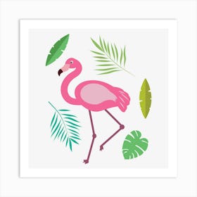 Pink Flamingo With Tropical Leaves Art Print