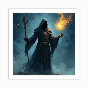 Black Magic Practitioner With Swirling Effects In A Watercolor Night 1 Art Print