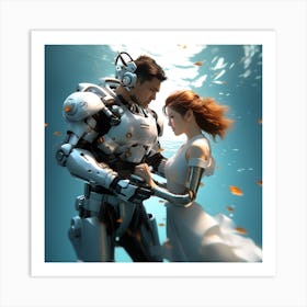 3d Dslr Photography Couples Inside Under The Sea Water Swimming Holding Each Other, Cyberpunk Art, By Krenz Cushart, Wears A Suit Of Power Armor Art Print