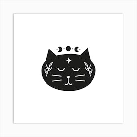 Black Boho Cat Character With Moon Leafy Branches Stars 1 Art Print