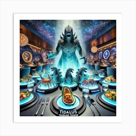 A Sci Fi Themed Dining Scene Featuring Kaiju Trib Art Print