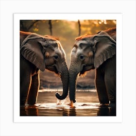 Elephants In The Water, Elephants Tenderly Interacting With Smaller Animals Showcasing Kindness In Nature Art Print