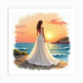 Elegant Gown Watercolor, Amidst A Serene Coastal Sunset 1 Art Print