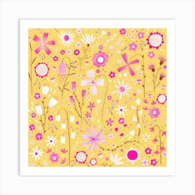 Pink and White Wild Flowers on Yellow Art Print