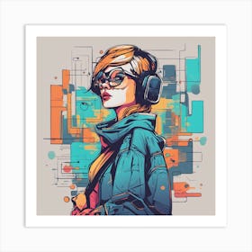 Girl With Headphones Art Print