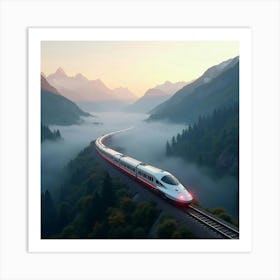 Ultra Modern Bullet Train Cutting Through Misty Mountains At Dawn 1 Art Print