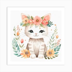 Floral Baby Cat Nursery Illustration (6) Art Print