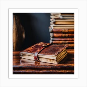 Leather Journal On A Wooden Table Art Print