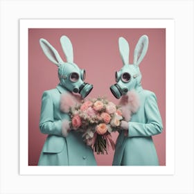 Two Bunnies In Gas Masks Art Print