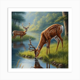 Deer Drinking Water Art Print