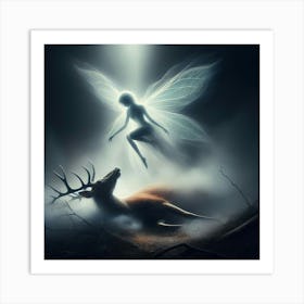 Fairy Flying Over A Deer Art Print