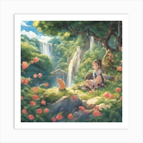 Cat And Little Girl In The Orchard Near The Waterf Art Print