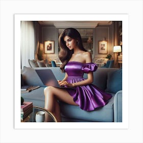 Sexy Woman In Purple Dress Using Laptop Art Print